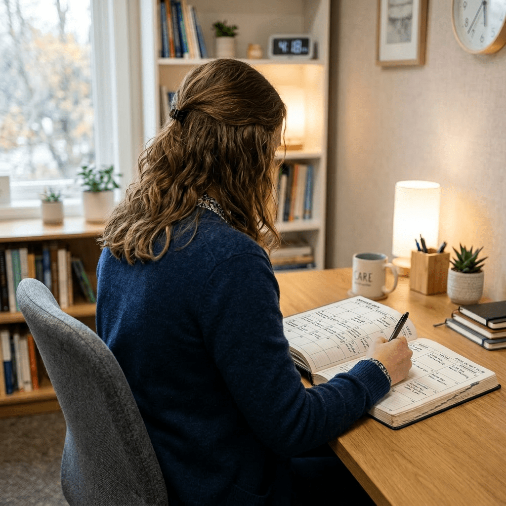 Person writing in a journal at a tidy desk in a home office