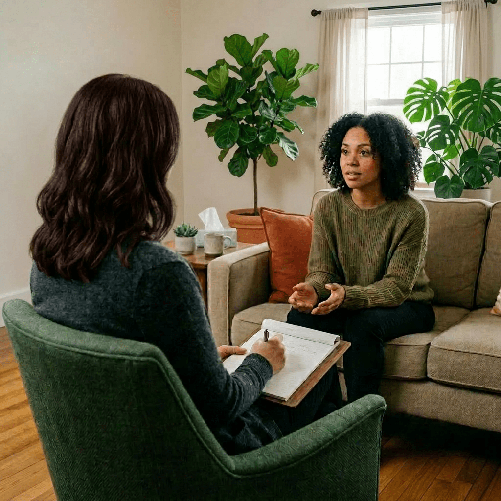 Woman talking to therapist who is taking notes in a cozy office
